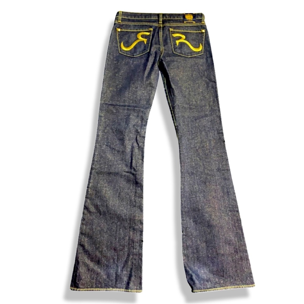 Woman's Vintage Y2K Rock & Republic Jeans,Dark Blue w/Gold Low Rise,Flare Jeans - Picture 3 of 7